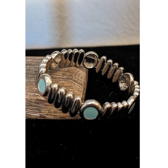 Silver Tone Long Bead Stretch Round Turquoise Enamel Bead Bracelet - Picture 3 of 4